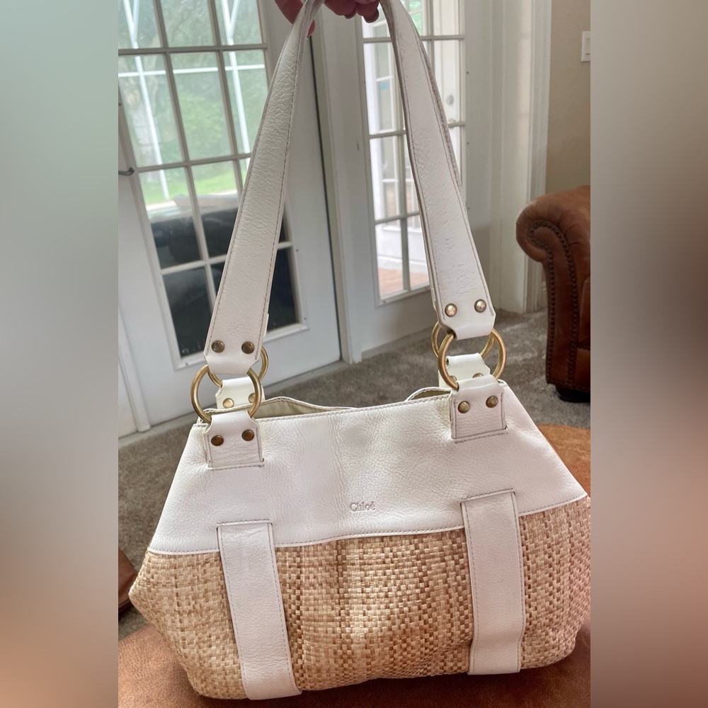 Chloe off white leather and raffia tote.